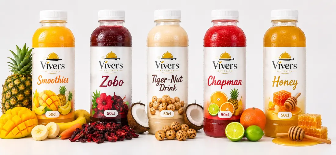 Vivers Kitchen drinks range — smoothies, Zobo, tiger-nut drink, Chapman and honey