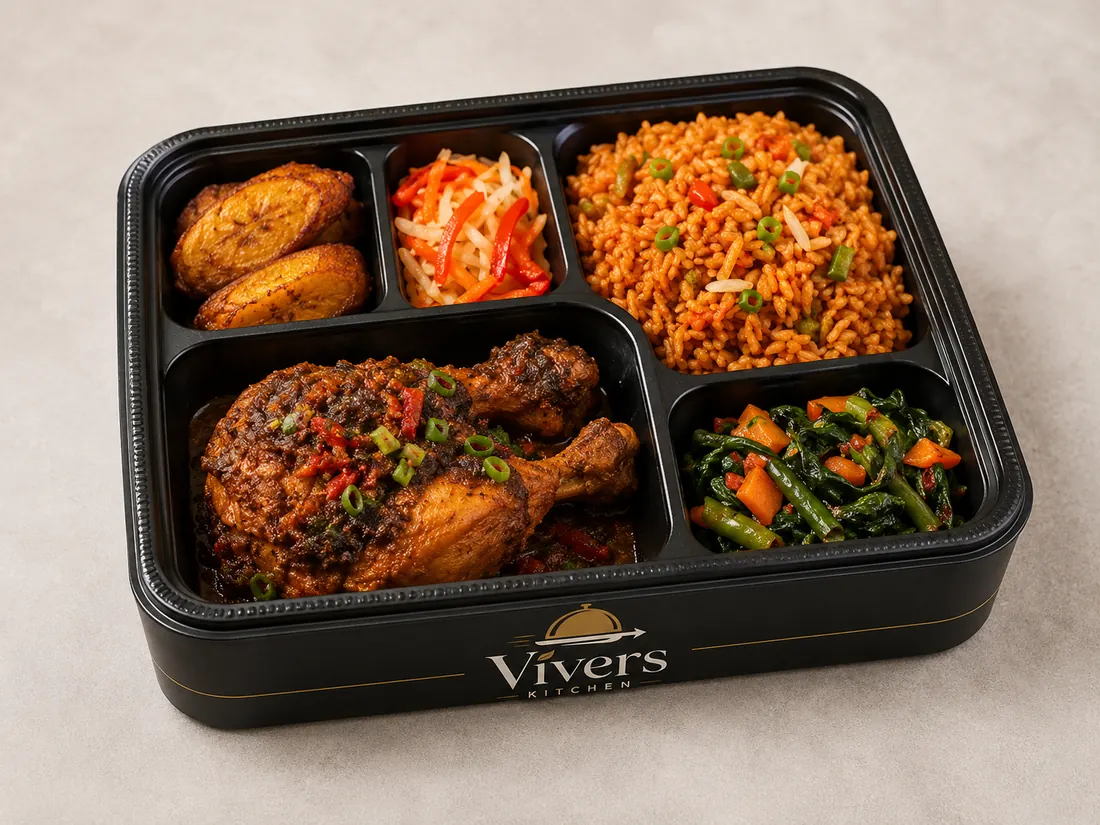 Jollof rice meal with chicken and sides in Vivers Kitchen packaging